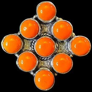 Genuine Orange Spiny Oyster Cluster Sterling Silver Overlay Ring Size 7